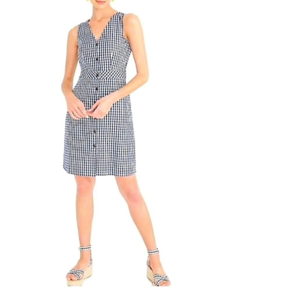 J.CREW Seersucker Navy Blue White Gingham Plaid Button Front Sheath Dress Size 8